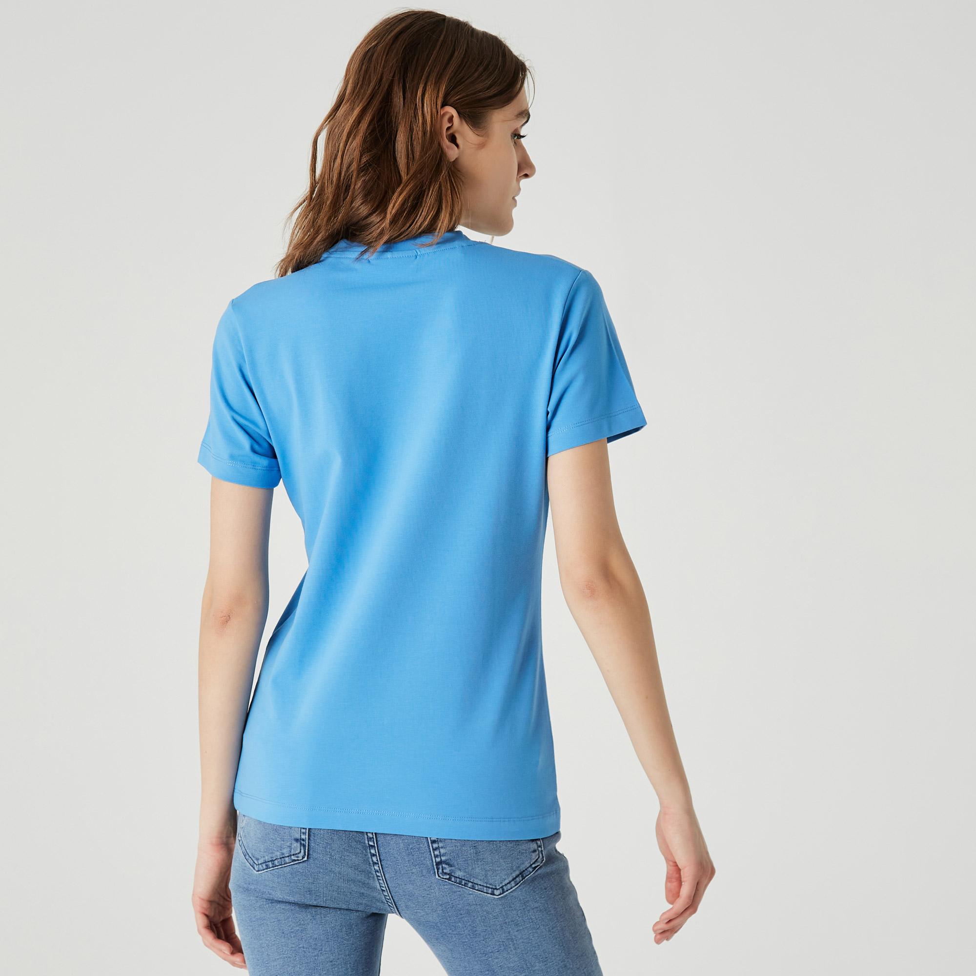 Lacoste Kadın Slim Fit Bisiklet Yaka Baskılı Mavi T-Shirt. 3