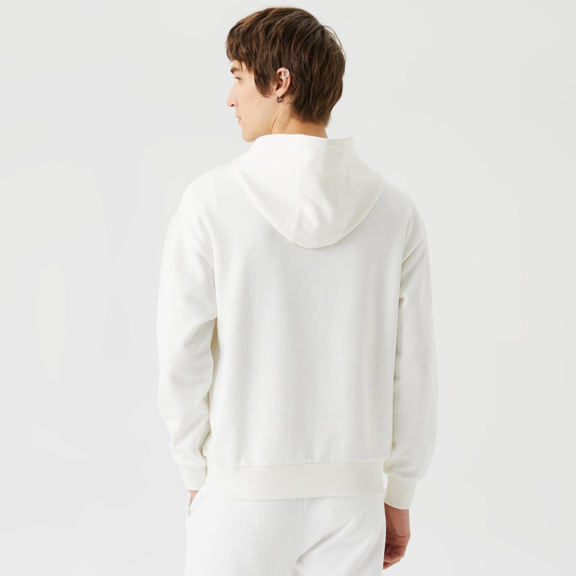 Lacoste Unisex Relaxed Fit Kapüşonlu Baskılı Beyaz Sweatshirt. 3