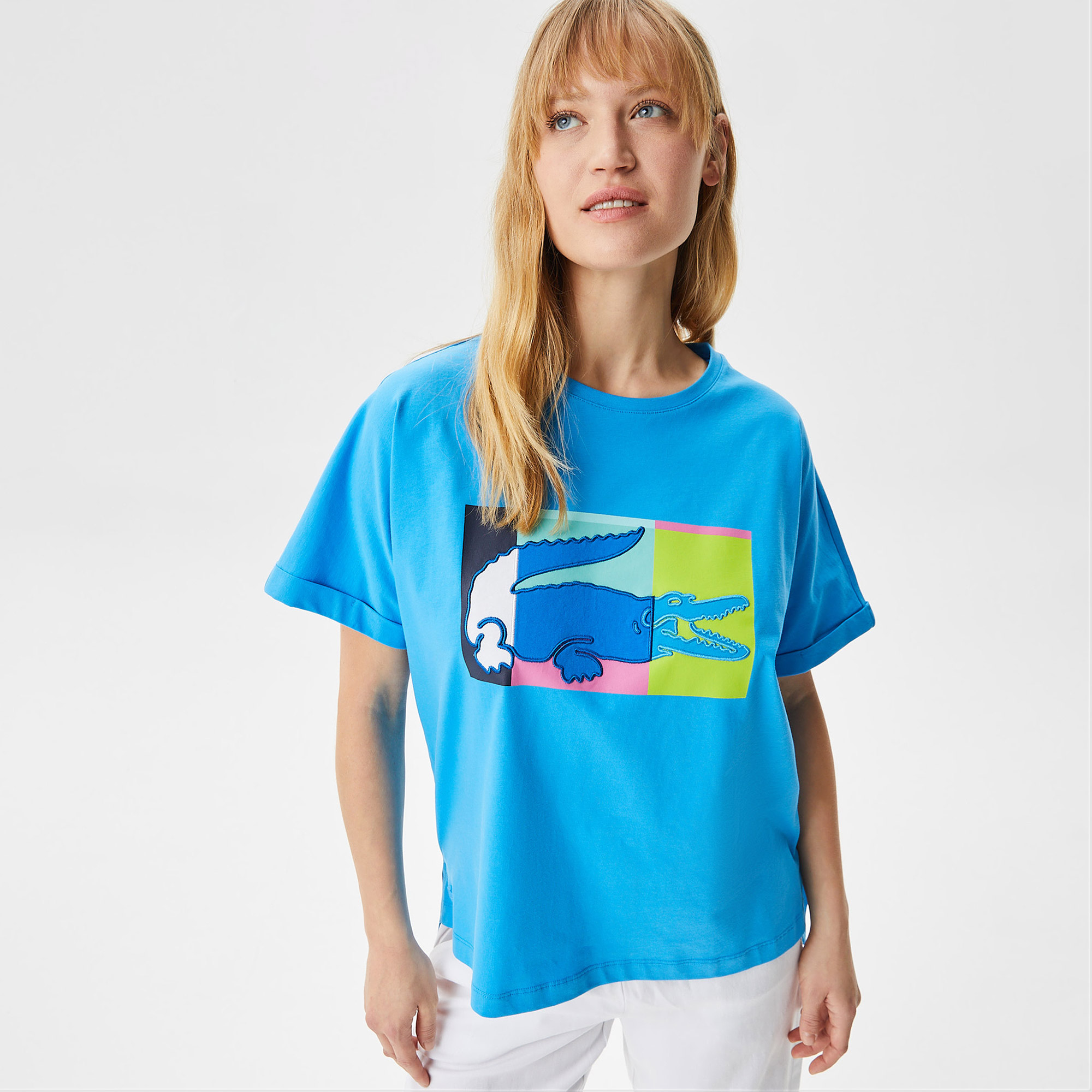 Lacoste Kadın Loose Fit Bisiklet Yaka Baskılı Mavi T-Shirt. 1