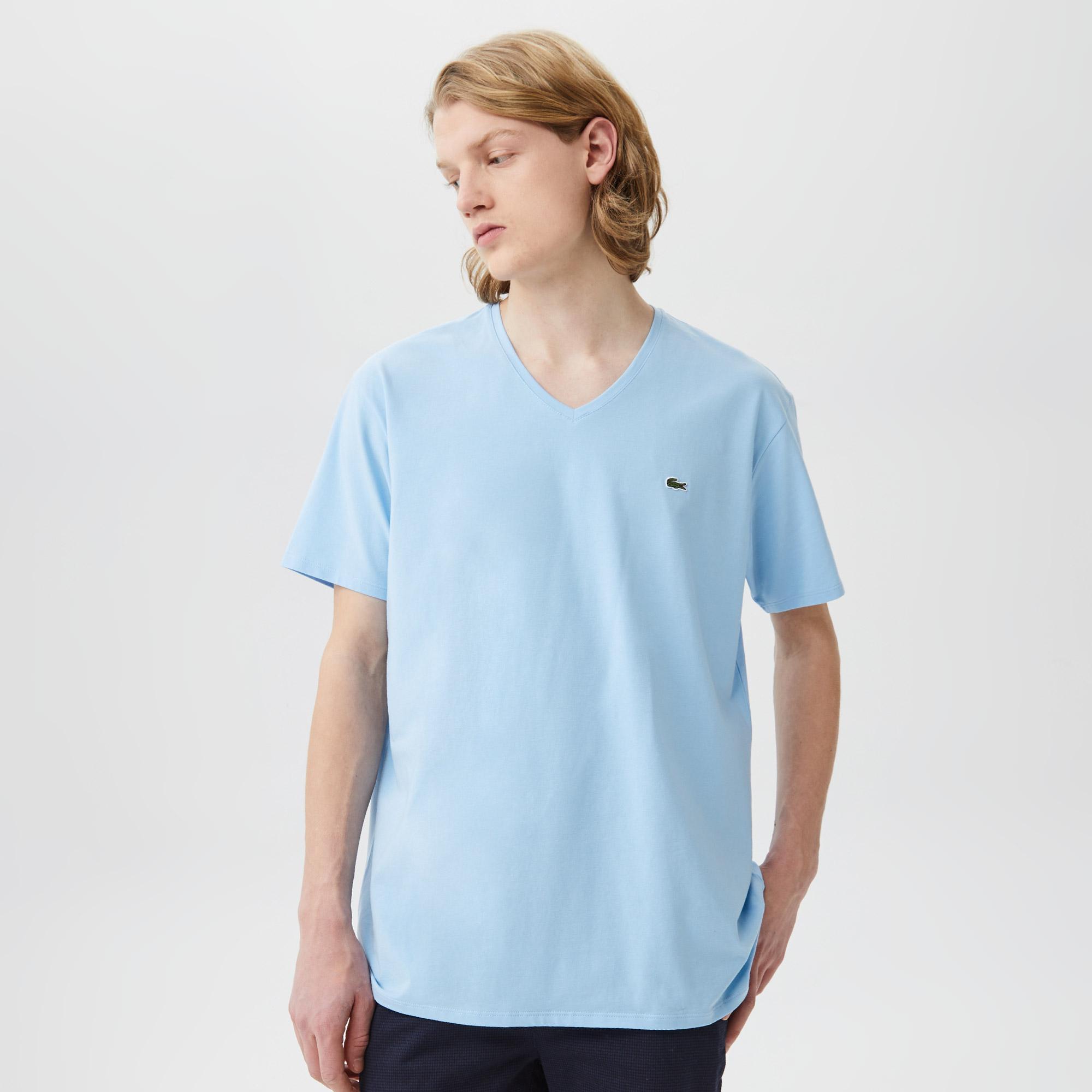 Lacoste Erkek Slim Fit V Yaka Açık Mavi T-Shirt. 4