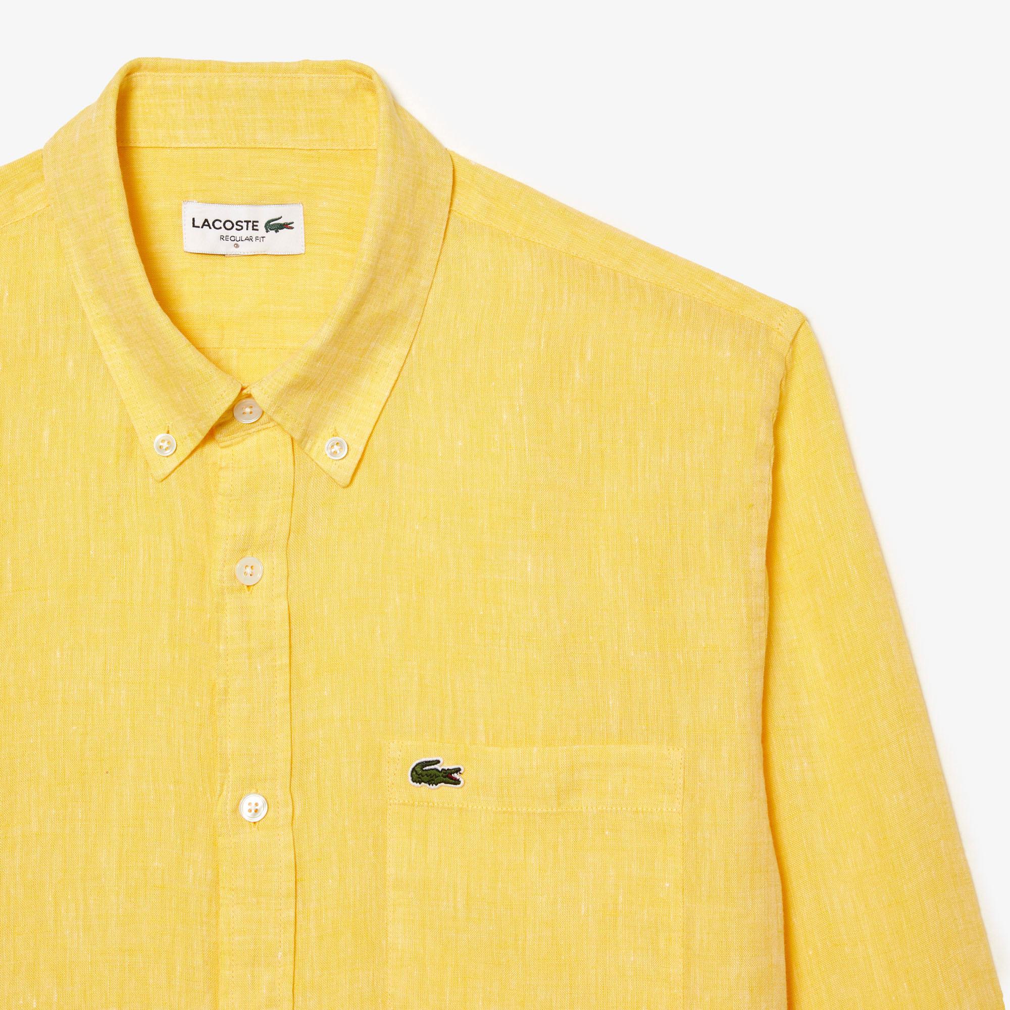 Lacoste Erkek Regular Fit Düğmeli Yaka Keten Sarı Gömlek. 7