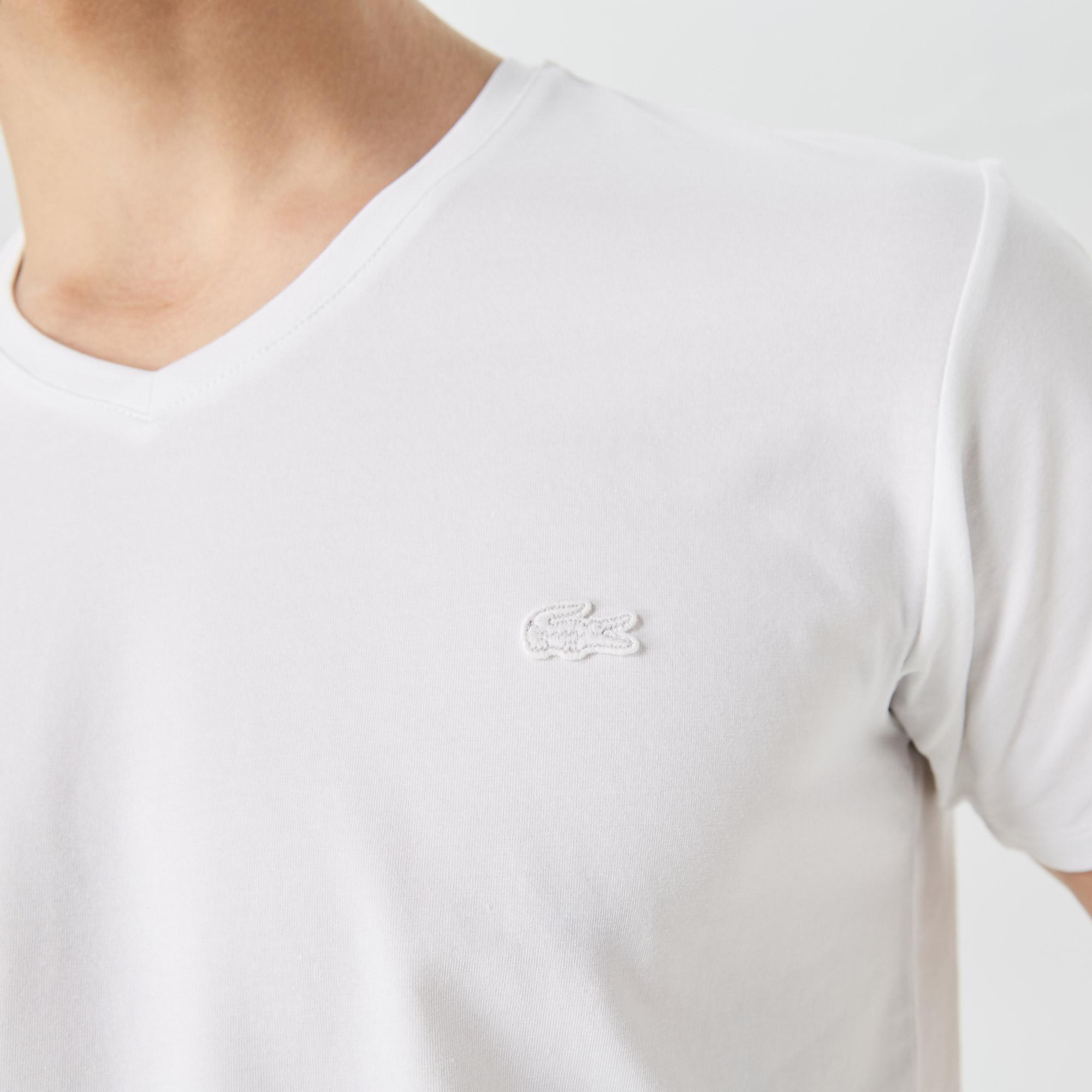 Lacoste Erkek Slim Fit V Yaka Beyaz T-Shirt. 6