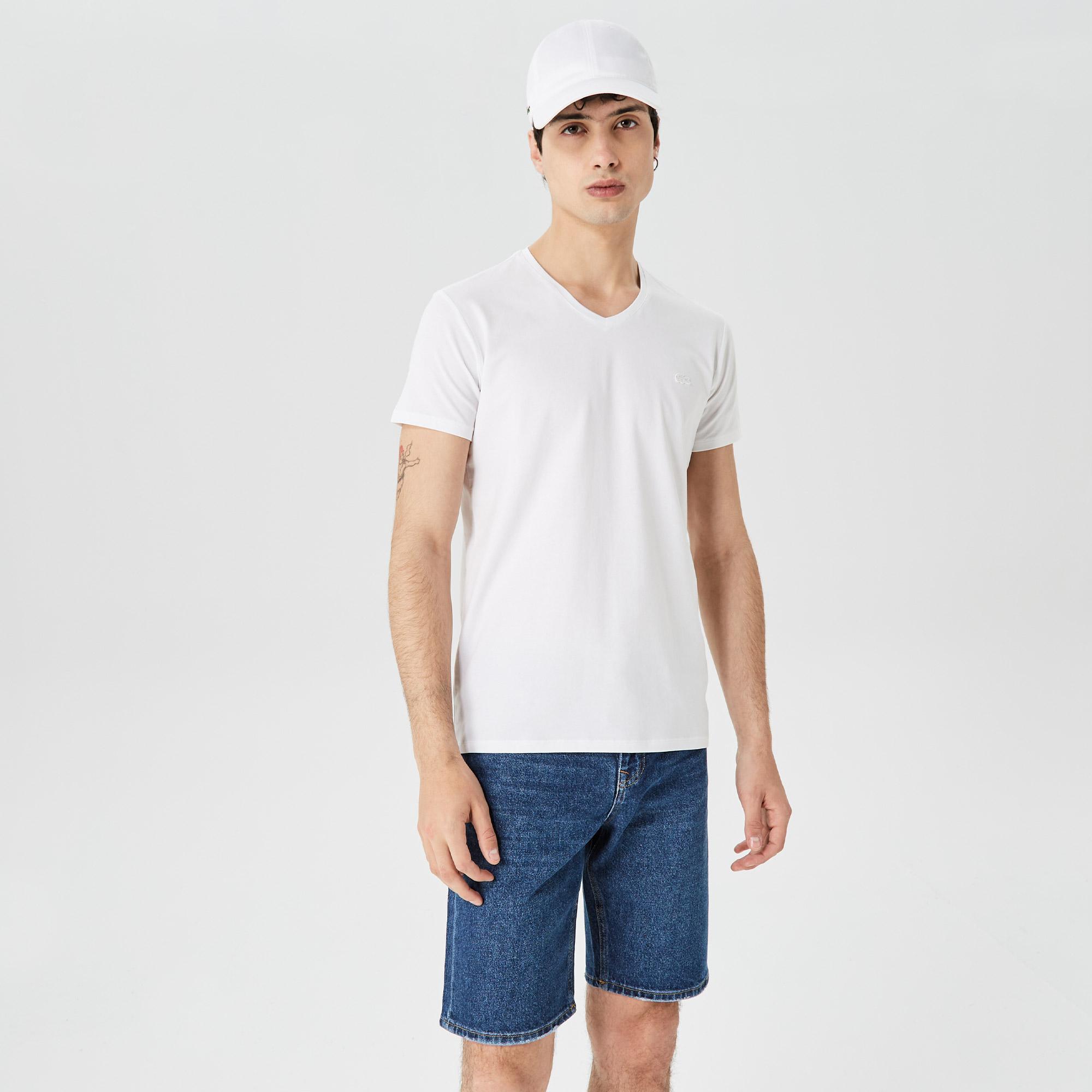 Lacoste Erkek Slim Fit V Yaka Beyaz T-Shirt. 2