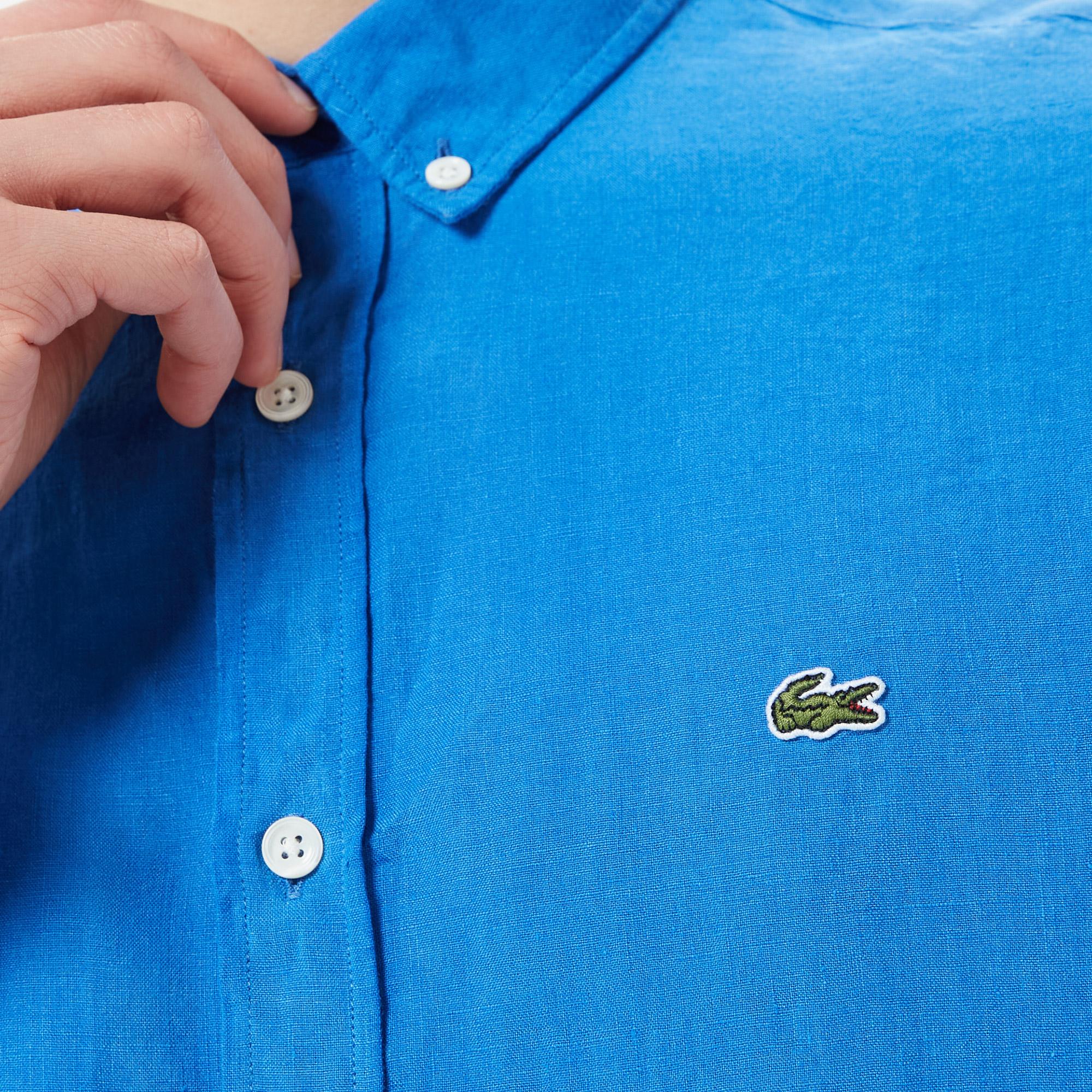 Lacoste Erkek Regular Fit Düğmeli Yaka Keten Mavi Gömlek. 6